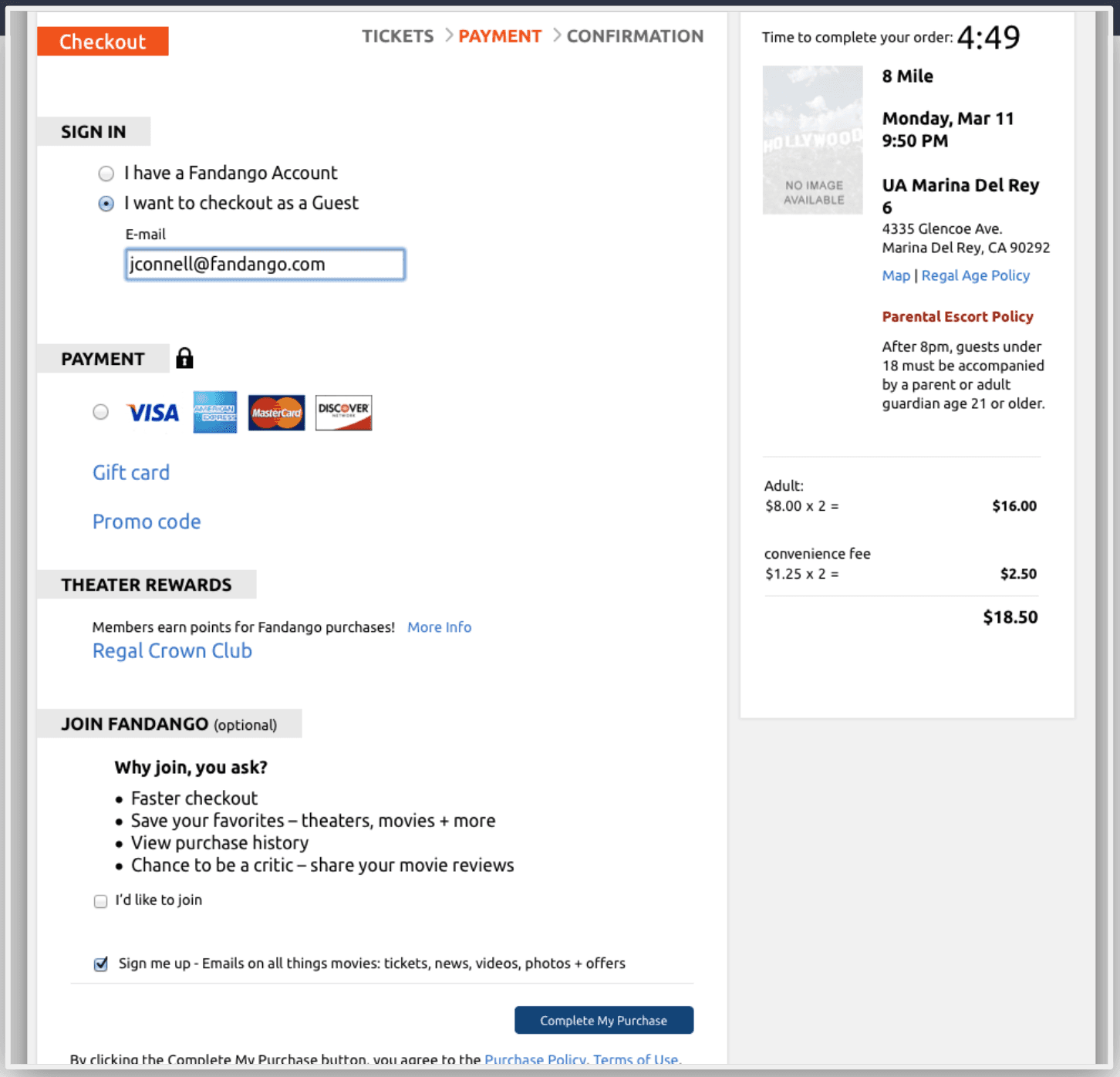 One-page checkout — Sign-in, payment, rewards and order summary on a single screen, with a countdown holding the seats and the total always visible.