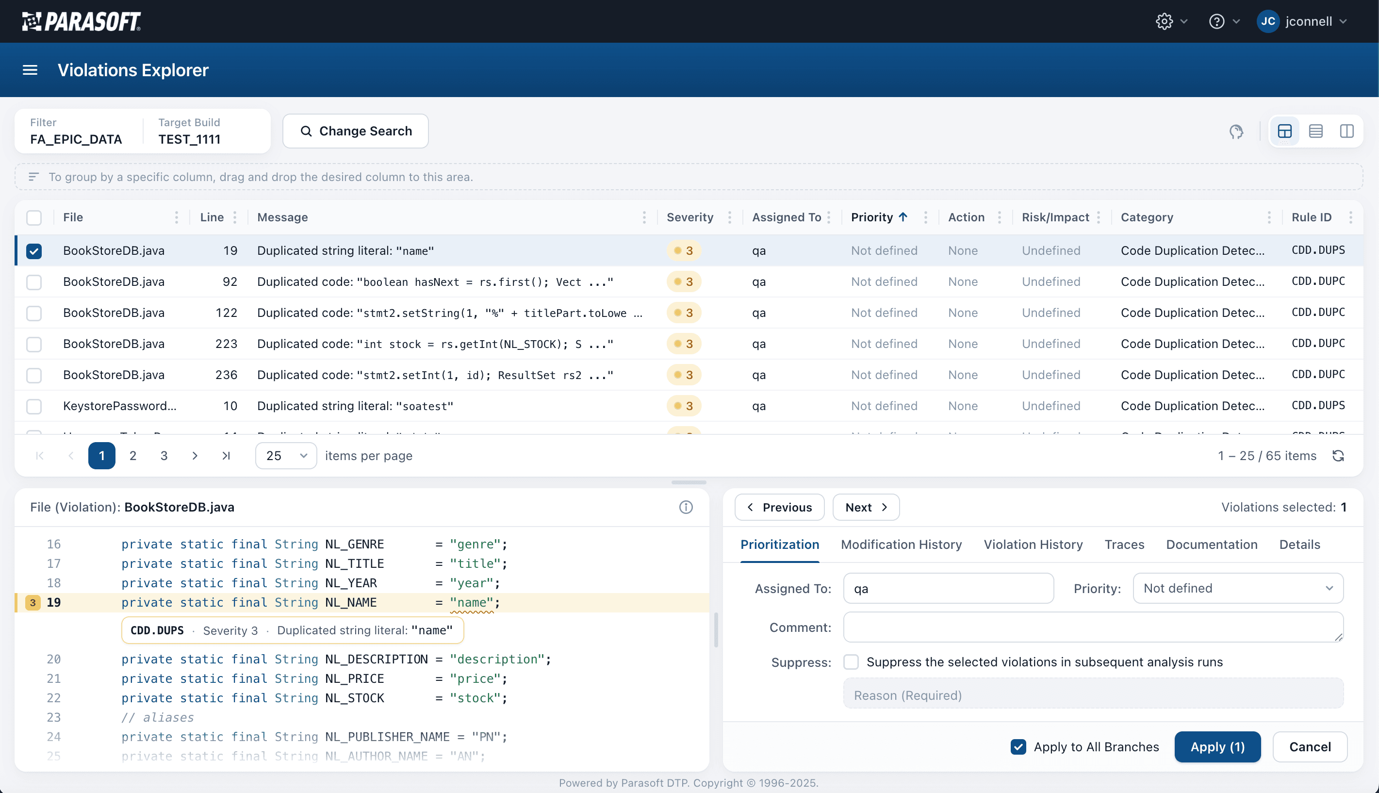 2025 refresh: data explorer — Severity pills, an inline annotation on the flagged line, and tabbed triage details keep the source and the fix in one view.