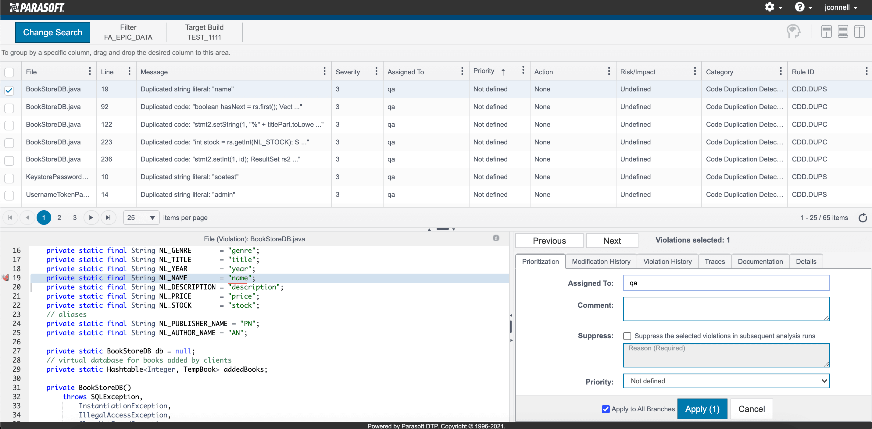 Data explorer — Filter and group violations, then open one to read the offending line in source and triage it without leaving the page.
