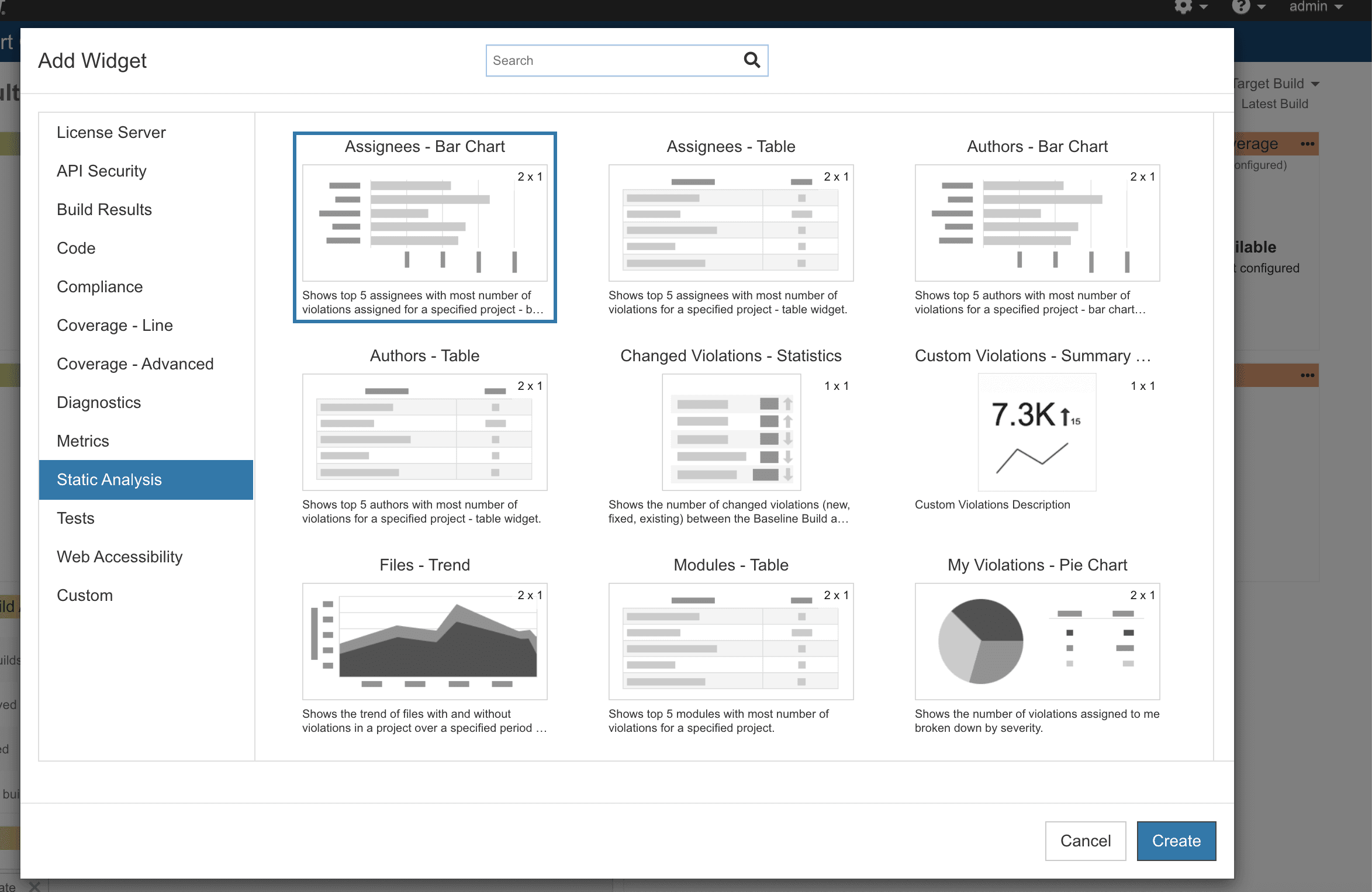 Redesigned picker — Widgets become browsable cards — wireframe preview, grid footprint, plain-language description — with search across every category.