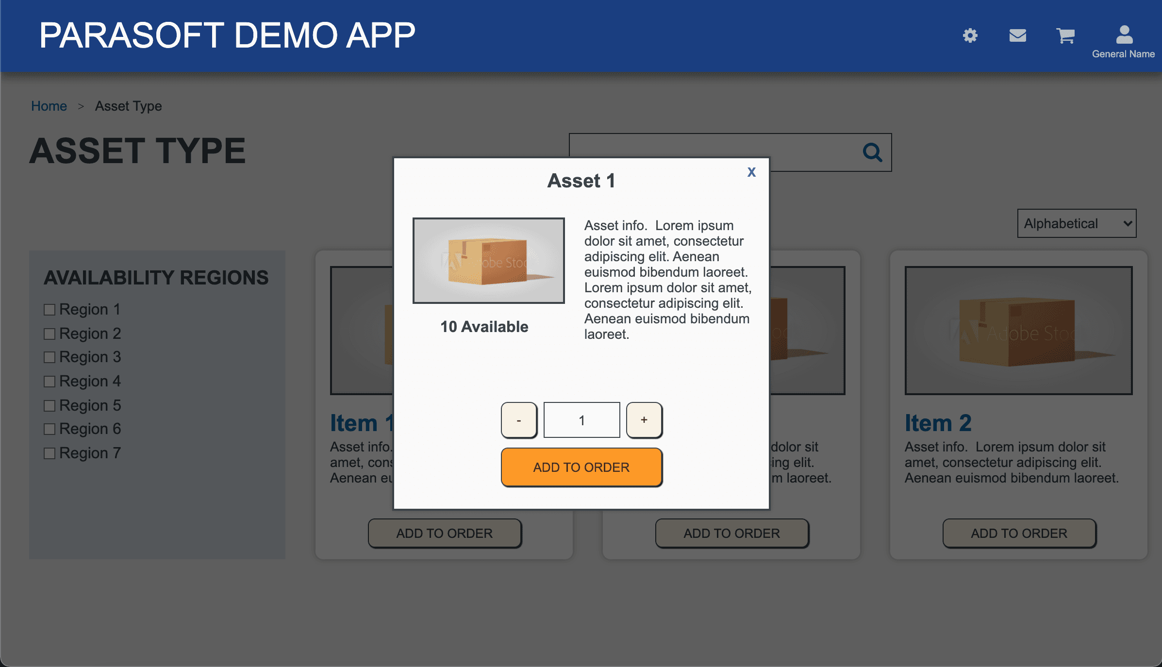 Configurable demo storefront — A deliberately generic ordering flow — assets, regions, quantities — that sales could relabel for any industry vertical.